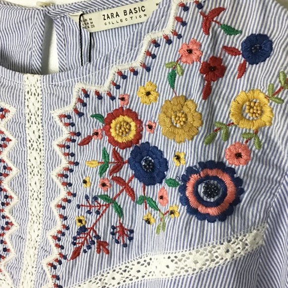 ZARA Blue & White Striped Floral Embroidered Dress - Picture 6 of 14